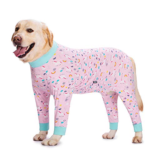 Hunde-Pyjama, Jumpsuit für mittelgroße und große Hunde, leicht, Einteiler, Shirt für große Hunde nach Operationen, voller Bauch (66 cm Brustumfang, 60 cm Rückenlänge, 35 cm, Rosa Regenbogen) von Miaododo