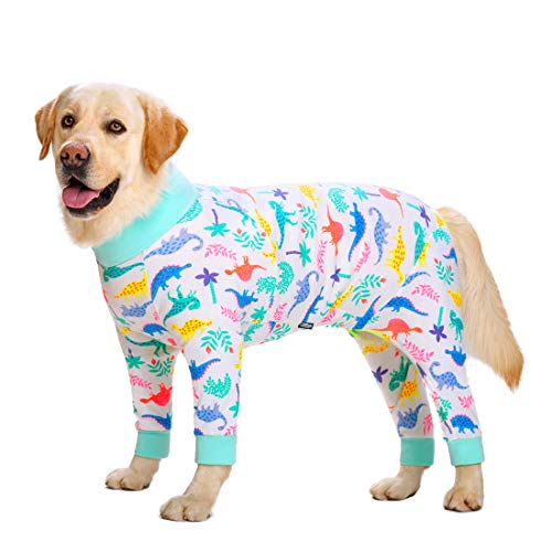 Hunde-Pyjama, Jumpsuit für mittelgroße und große Hunde, leicht, Einteiler, Shirt für große Hunde nach Operationen, voller Bauch (71 cm Brustumfang, 77 cm, Rückenlänge 46 cm), Weiß von Miaododo