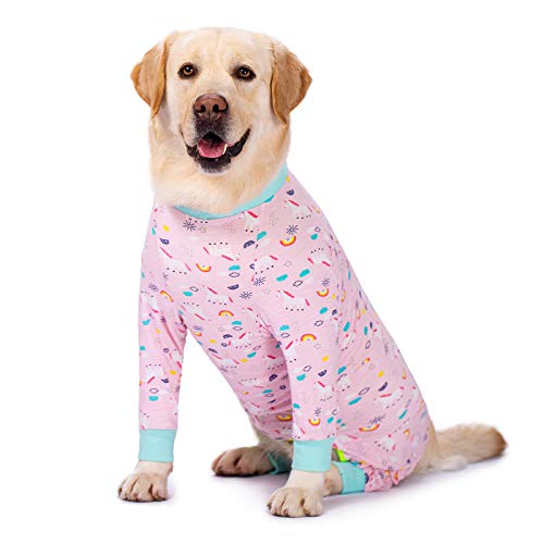 Hunde-Pyjama, Jumpsuit für mittelgroße und große Hunde, leicht, Einteiler, Shirt für große Hunde nach Operationen, voller Bauch (76 cm Brustumfang, 75 cm Rückenlänge, 50 cm), Rosa Regenbogen von Miaododo
