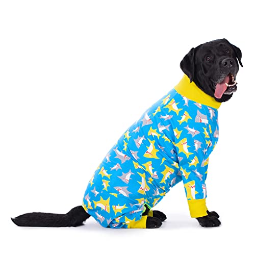 Hunde-Pyjama, Overall für mittelgroße und große Hunde, leichter Einteiler, Hemd für große Hunde nach Operationen, voller Bauch (71 cm (Brustumfang 68 cm, Rückenlänge 46 cm), blauer Dinosaurier) von Miaododo