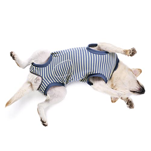 Miaododo Fleece-Hundekleidung für den Winter für mittelgroße und große Hunde, Thermo-Hundejacke, Einteiler für Jungen oder Mädchen, Reißverschluss auf der Rückseite (34, gelb gestreift) von Miaododo