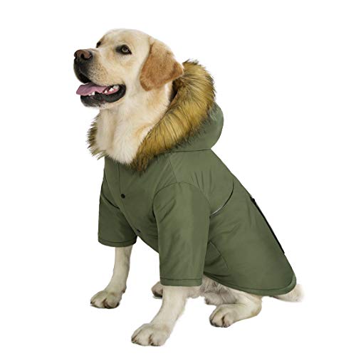 Miaododo Große Hunde-Daunenjacke, Kapuzenjacke, wasserdicht, reflektierend, warm, Hundekleidung, dick gepolstert, für mittelgroße Hunde, mit echter Tasche (86,4 cm Brustumfang), Armeegrün von Miaododo