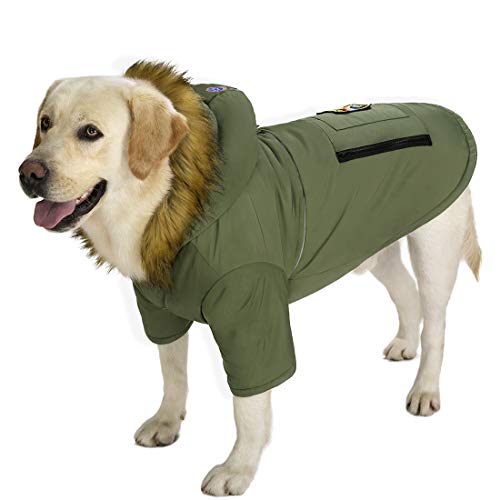Miaododo Große Hunde-Daunenjacke, Kapuzenjacke, wasserdicht, reflektierend, warm, Hundekleidung, dick gepolstert, für mittelgroße Hunde, mit echter Tasche (Brustumfang 80 cm), Armeegrün von Miaododo