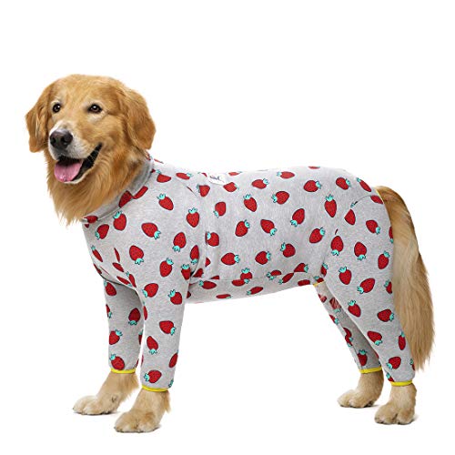 Miaododo Großer Hunde-Pyjama aus Baumwolle, Erdbeerdruck, volle Bauchbedeckung, für mittelgroße und große Hunde nach Operationen, (76 cm Brustumfang, 75 Rückenlänge, 59 cm), rosa Erdbeere von Miaododo