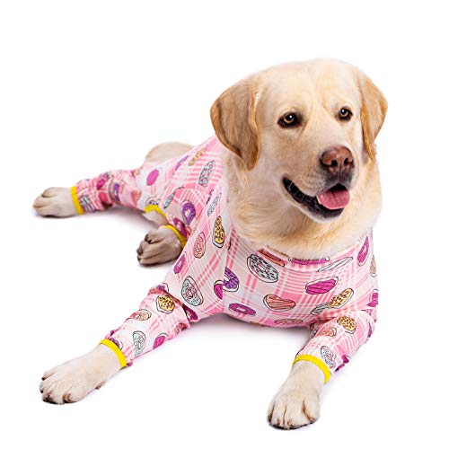 Miaododo Großer Hunde-Pyjama aus Baumwolle, Erdbeerdruck, voller Bauchschutz, für mittelgroße und große Hunde nach Operationen, (76 cm Brustumfang, 75 Rückenlänge, 59 lang), rosa Herzen. von Miaododo