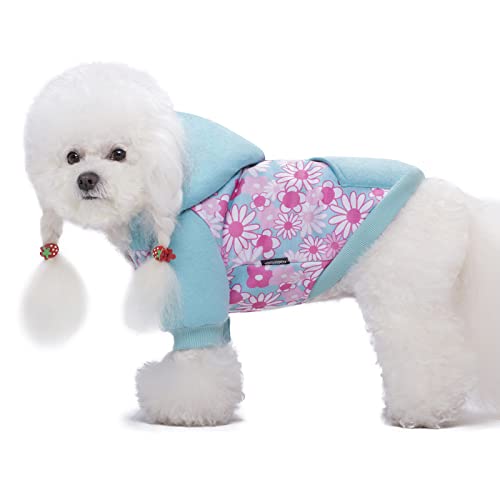 Miaododo Hundebekleidung für kleine Hunde, Blumendruck, leichter Welpen-Kapuzenpullover mit Tasche, mit Kapuze, Haustier-Sweatshirt für Hunde, Katzenbekleidung (Größe M, Blau) von Miaododo