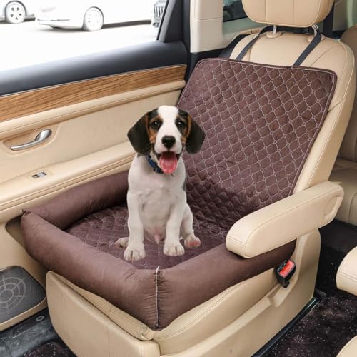 Haustier Hund Autositz für Kleine Mittlere Große Hunde/Katzen, Welpe Reise Booster Sitz mit Rutschfester Unterseite, Wasserdicht Waschbar Haustier Autokorb mit Sicherheitsgurt (Kaffee) von Miaogoo