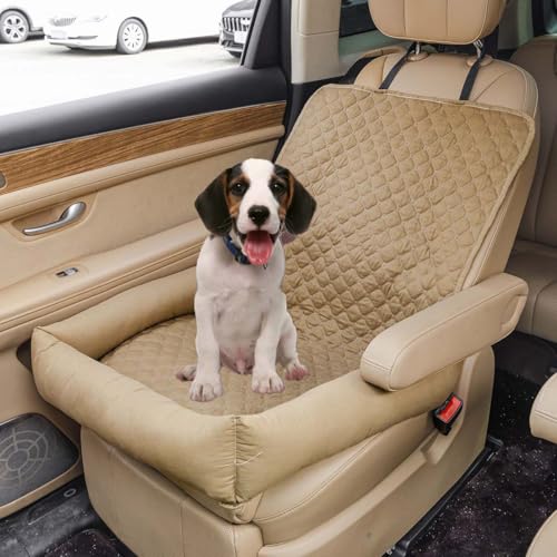 Haustier Hund Autositz für Kleine Mittlere Große Hunde/Katzen, Welpe Reise Booster Sitz mit Rutschfester Unterseite, Wasserdicht Waschbar Haustier Autokorb mit Sicherheitsgurt (Kamel) von Miaogoo