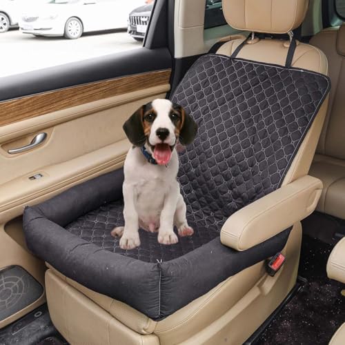 Haustier Hund Autositz für Kleine Mittlere Große Hunde/Katzen, Welpe Reise Booster Sitz mit Rutschfester Unterseite, Wasserdicht Waschbar Haustier Autokorb mit Sicherheitsgurt (Schwarz) von Miaogoo