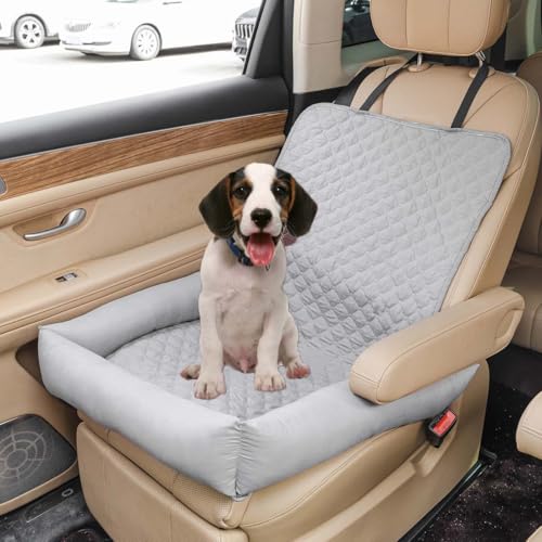 Haustier Hund Autositz für kleine, mittelgroße und große Hunde/Katzen, Welpen-Reiseerhöhung Sitz mit rutschfester Unterseite, wasserdichter waschbarer Haustier-Autokorb mit Sicherheitsgurt (Hellgrau) von Miaogoo