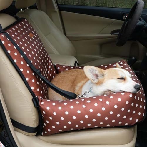 Hund Autositz, 2-in-1 Wasserdichter Sitzerhöhung Welpensitzbezug für Haustier im Auto mit Gurt, Welpen Katze Reisebett, Faltbarer Sicherheitskorb Sitz für Kleine Mittlere Hunde (Kaffee Punkte) von Miaogoo