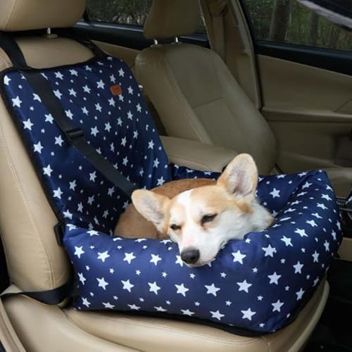 Hund Autositz, 2-in-1 wasserdichte Sitzerhöhung Welpensitzbezug für Haustier im Auto mit Gurt, Welpen Katze Reisebett, Faltbarer Sicherheitskorb Sitz für kleine mittelgroße Hunde (Blauer Stern) von Miaogoo