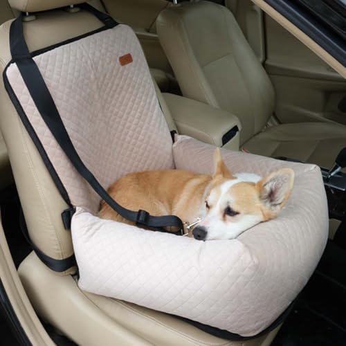 Hunde-Autositz für 11,3 kg Hunde und Katzen, gemütliches Haustier-Reisebett mit Sicherheitsleine für Rück- und Vordersitz, kratzfest, rutschfest, abnehmbar und waschbar (Beige) von Miaogoo