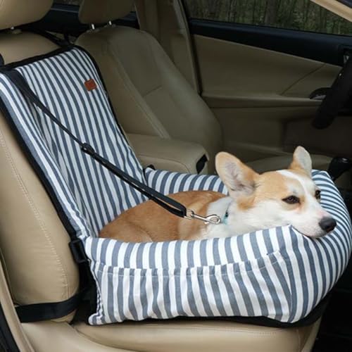Hundeautositz, 2-in-1 wasserdichte Sitzerhöhung Welpensitzbezug für Haustier im Auto mit Gurt, Welpen Katze Reisebett, Faltbarer Sicherheitskorb Sitz für kleine mittelgroße Hunde (Blaue Streifen) von Miaogoo