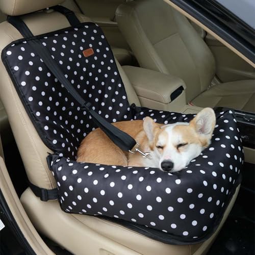 Hundeautositz, 2-in-1 wasserdichte Sitzerhöhung Welpensitzbezug für Haustier im Auto mit Gurt, Welpen Katze Reisebett, Faltbarer Sicherheitskorb Sitz für kleine mittelgroße Hunde (Schwarze Punkte) von Miaogoo