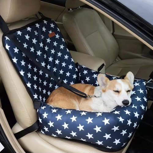 Hundeautositz, wasserdicht & kratzfest, Hundeerhöhung Bett für Rück- und Vordersitz, Haustierautoabdeckungen mit Haustier-Sicherheitsgurt, rutschfeste Reise-Welpen-Katzen-Tragebett (Navy Star) von Miaogoo