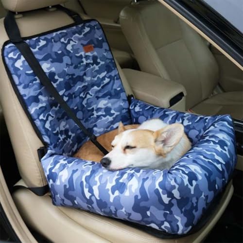Hundeautositz, wasserdicht & kratzfest Hundeerhöhung Bett für Rück- und Vordersitz, Haustierautoabdeckungen mit Haustier-Sicherheitsgurt, rutschfeste Reise-Welpen-Katzen-Tragebett (Blaue Tarnung) von Miaogoo