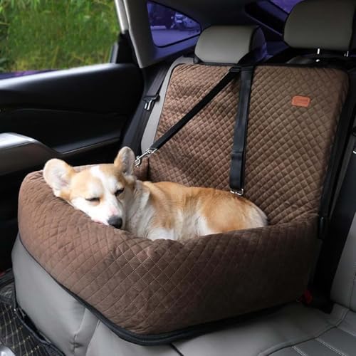 Hundebett für Auto-Rücksitz, abnehmbares und waschbares Reise-Haustierbett mit Sicherheitsleinen, rutschfester Hundesitz für große Hunde unter 25 kg oder 2 kleine, mittelgroße Haustiere (Kaffee) von Miaogoo