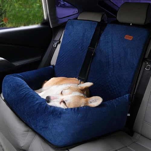 Hundebett für Auto-Rücksitz, abnehmbares und waschbares Reise-Haustierbett mit Sicherheitsleinen, rutschfester Hundesitz für große Hunde unter 25 kg oder 2 kleine, mittelgroße Haustiere (Marineblau) von Miaogoo