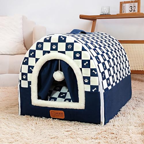 Hundehütte Haustierbett für Hunde Katzen Welpe Kätzchen, Indoor Waschbar Katze Hund Höhle Bett, Rutschfestes, Warmes Hund Beruhigendes Bett, Faltbares Schlafnest Pad (76 x 55 x 50 cm, Blau) von Miaogoo