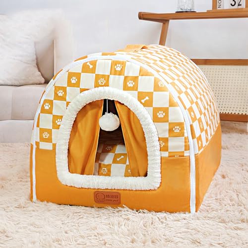 Hundehütte Haustierbett für Hunde Katzen Welpe Kätzchen, Indoor Waschbar Katze Hund Höhle Bett, Rutschfestes, Warmes Hund Beruhigendes Bett, Faltbares Schlafnest Pad (76 x 55 x 50 cm, Orange) von Miaogoo