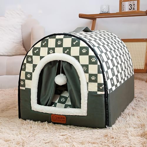 Hundehütte Haustierbett für Hunde Katzen Welpe Kätzchen, Indoor Waschbar Katze Hund Höhle Bett, Rutschfestes, Warmes Hunde-Beruhigungsbett, Faltbares Schlafnestpolster (60 x 45 x 40 cm, Grün) von Miaogoo