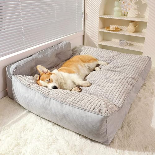 Miaogoo Beruhigendes Haustier-Sofa, Kissen mit 2-seitigem Nackenrolle, abnehmbarer Bezug, rutschfestes, gemütliches Haustierbett für mittelgroße und kleine Katzen (120 x 88 x 23 cm, Grau) von Miaogoo
