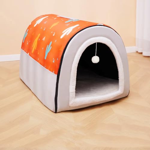 Miaogoo Hundehütte Haustierbett für Hunde Katzen Welpe Kätzchen, Indoor Waschbar Katze Hund Höhle Bett, Rutschfestes, Warmes Hund Beruhigendes Bett, Faltbares Schlafnest Pad (75 x 57 x 55 cm, Orange) von Miaogoo