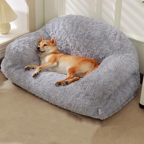 Miaogoo Katzen-/Hundebett, Sofa für den Innenbereich, Plüsch-Haustier-Couch mit Reißverschluss und rutschfester Unterseite, stützendes beruhigendes Schlafkissen (90 x 55 x 42 cm, Grau) von Miaogoo