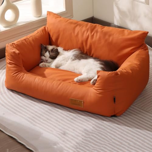 Miaogoo Rutschfestes Haustier-Sofa, Bett, für Hunde, Katzen, Welpen, Schlafcouch, abnehmbar, für kleine und mittelgroße Katzen und Hunde, mit Nackenstütze, Haustiermöbelkissen (55 x 37 x 32 cm, Orange von Miaogoo