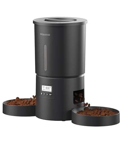 Automatischer Futterspender für 2 Katzen, flexibles Programm, 6 Mahlzeiten pro Tag, 12 Portionen/Mahlzeit, Trockenfutterspender mit doppelter Fütterung (Schwarz, 4,2 l + ABS Doppelschalen) von Miaosical