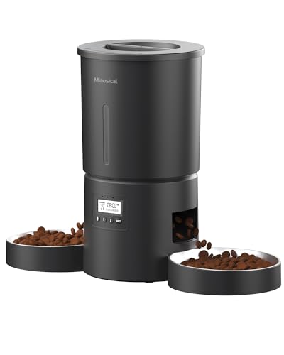 Automatischer Futterspender für 2 Katzen, flexibles Programm, 6 Mahlzeiten pro Tag, 12 Portionen/Mahlzeit, Trockenfutterspender mit doppelter Fütterung (Schwarz, 4,2 l + Edelstahl Doppelschalen) von Miaosical