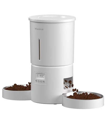 Miaosical Automatischer Katzenfutterautomat mit Doppelnäpfen für 2 Katzen, Kätzchen & kleine Hunde Futterspender (Weiß, 4.2L+Rostfreier Stahl 2 Schalen) von Miaosical