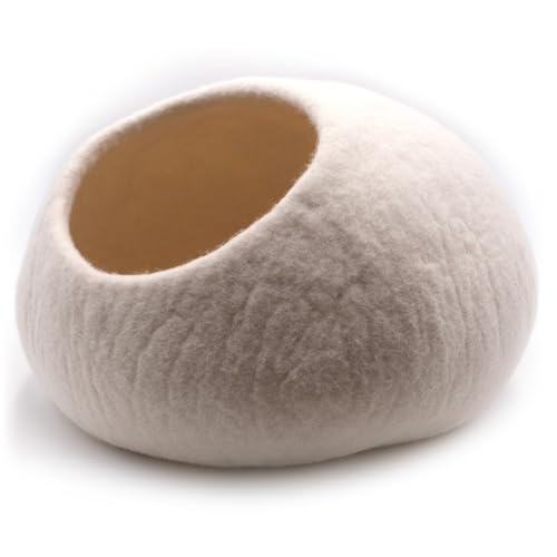 Miauff Katzenhöhle aus Filz – Handgefertigte Kuschelhöhle aus 100 % Wolle – Hygienisch, geruchsneutral & stilvoll​​, Ø ca. 42 cm x 28 cm (weiß, mit Lammfell) von Miauff