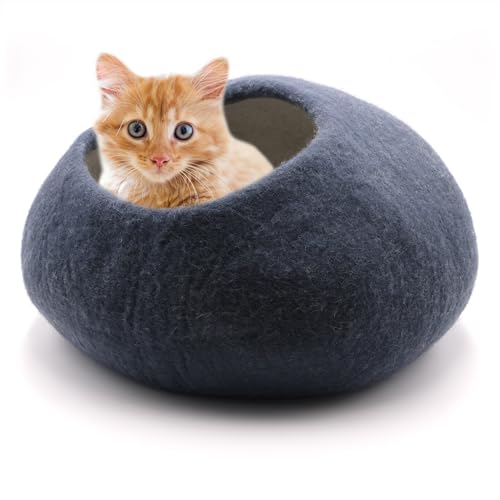 Miauff Katzenhöhle Katzenbett aus Filz - Handgefertigte Kuschelhöhle aus 100% Wolle - Hygienisch, geruchsneutral & stilvoll, Ø ca. 42 cm x 28 cm (azurblau, ohne Lammfell) von Miauff