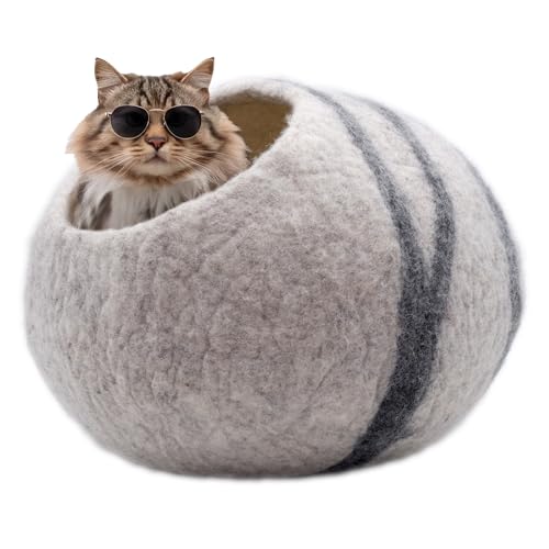 Miauff Katzenhöhle aus Filz – Handgefertigte Kuschelhöhle aus 100 % Wolle – Hygienisch, geruchsneutral & stilvoll​ (grau gestreift, ohne Lammfell) von Miauff