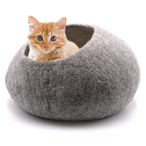 Miauff Katzenhöhle aus Filz – Handgefertigte Kuschelhöhle aus 100 % Wolle – Hygienisch, geruchsneutral & stilvoll​ (grau meliert, ohne Lammfell) von Miauff