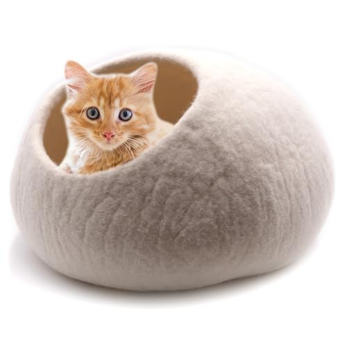 Miauff Katzenhöhle Katzenbett aus Filz - Handgefertigte Kuschelhöhle aus 100% Wolle - Hygienisch, geruchsneutral & stilvoll, Ø ca. 42 cm x 28 cm (weiß, ohne Lammfell) von Miauff