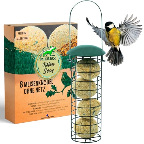 Mice&Co Vogelfutterhaus mit Meisenknödel – Futterstation für Wildvogel – Meisenknödelhalter zum Aufhängen Outdoor Knödelhalter I Pack 1 Vogelfutterhaus und 12 Knödel von Mice&Co