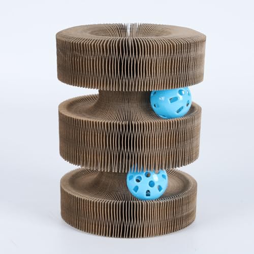 Kitty Kurlz Katzenspielzeug Faltbar – Verformbares Kratzbrett aus Karton mit Ball, Interaktives Spielzeug für Katzen, Kratzspielzeug, Verbindbar & Platzsparend, Kratzpappe für Katzen (Cylindrical) von Micmetago