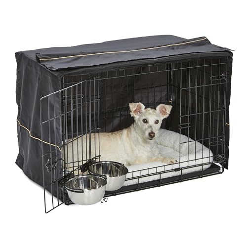 MidWest Homes for Pets iCrate 1530DD-KIT Hundebox-Set, mit ca. 76 cm langer Hundebox mit Doppeltür, Haustierbett, 2 Schüsseln und Box-Abdeckung, Trenneinsatz und patentierten Funktionen, schwarz von MidWest Homes for Pets