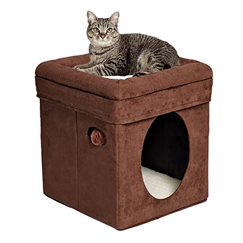 MidWest Homes for Pets Modell 137-BR The Original Katzenhaus, lustiger Katzenwürfel, braunes Kunstvelours und synthetisches Schaffell von MidWest Homes for Pets
