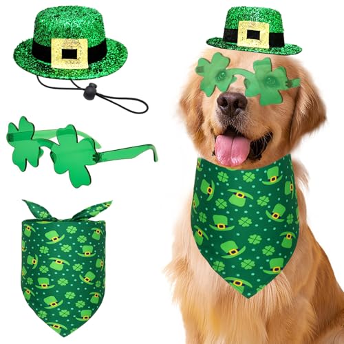 3-teiliges St. Patrick's Day Hundekostüm, Kobold, Haustier-Hut, irisches Kleeblatt, Bandana, grün, Vierkleeblatt-Sonnenbrille, Dreiecks-Lätzchen, Schal, St. Patrick's Day, Outfits für mittelgroße und von Midufrry