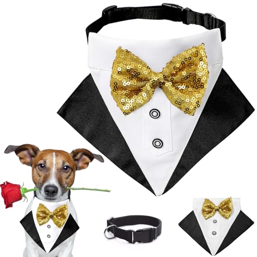 Smoking-Kostüm, Hochzeit, Bandana, Nylon-Kragen, Anzug mit goldfarbener Fliege, verstellbar, schwarz, Smoking, formelle Hundekleidung für kleine, mittelgroße und große Haustiere, Geburtstags- und Smoking-Kostüm, Hochzeit, Bandana, Nylon-Kragen, Anzug mit goldfarbener Fliege, verstellbar, schwarz, Smoking, formelle Hundekleidung für kleine, mittelgroße und große Haustiere, Geburtstags- und von Midufrry