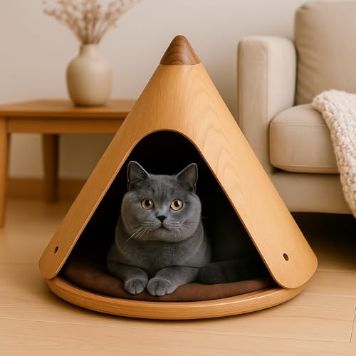 MiellyTava Modernes Katzenhaus aus Holz, konisches Haustierbett mit Kissen, natürliche weiße Eiche von MiellyTava