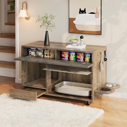 Bewegbarer Katzenkloschrank, Katzenstreusand-Schrank, mit Katzenfutterschale und Streusandablaufplatte, mit Hakenlochplatte, 100 * 45,5 * 67cm (Eiche) von Mielvu