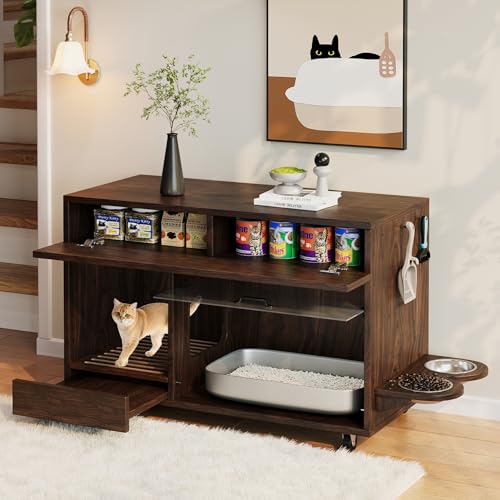 Bewegbarer Katzenkloschrank, Katzenstreusand-Schrank, mit Katzenfutterschale und Streusandablaufplatte, mit Hakenlochplatte, 100 * 45,5 * 67cm (Walnuss) von Mielvu