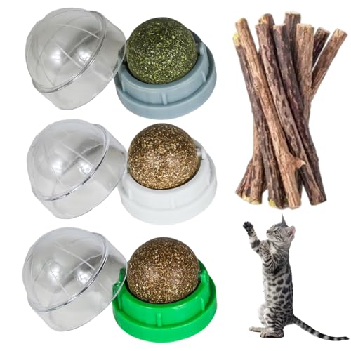MigWoo Katzenminze Ball, Katzenspielzeug Selbstbeschäftigung Mit 3 Drehbaren Bällen Und 5 Natürlichen Holzstäben, Unterhaltung Für Indoor-Katzen, Fördert Zahnhygiene von MigWoo