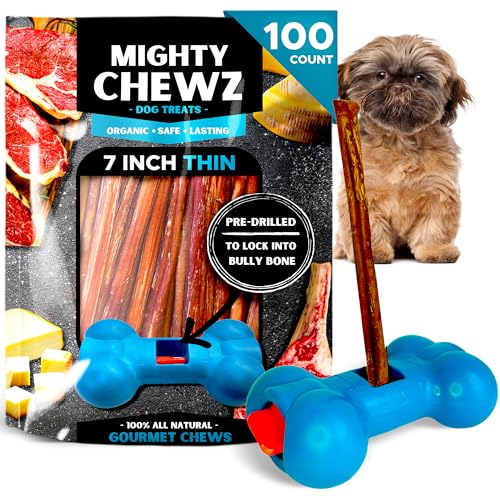 Mighty Chewz 17,8 cm dünne Bully Sticks (100 Stück) mit Sicherheitsvorrichtung – kein Würgen/alle natürlichen Pizzlesticks und Halter von Mighty Chewz