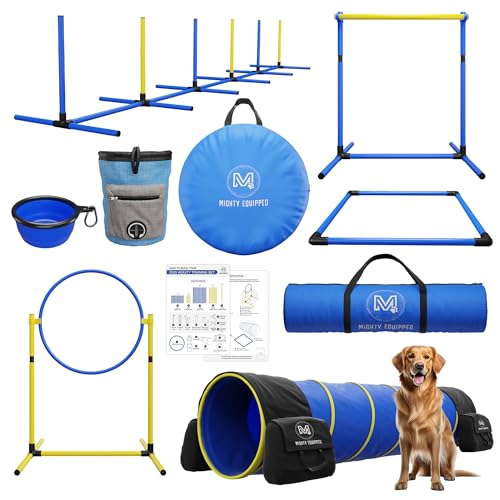 Mighty Equipped Agility-Ausrüstung für Hunde – Tragbares Hunde-Agility-Kurs-Hinterhof-Set mit 2,7 m Hundetunnel, gewebten Stangen, Reifen-Hundesprungs, faltbarem Wassernapf und mehr von Mighty Equipped